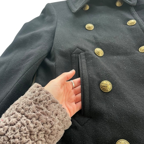 American Living Womens Sz S Black Gold Double Breasted Wool Blend Andre Pea Coat - Picture 9 of 14